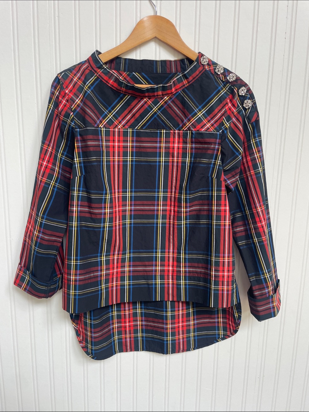 J.Crew Jeweled Button Funnel Neck Plaid Shirt Stewart Tartan Size 2
